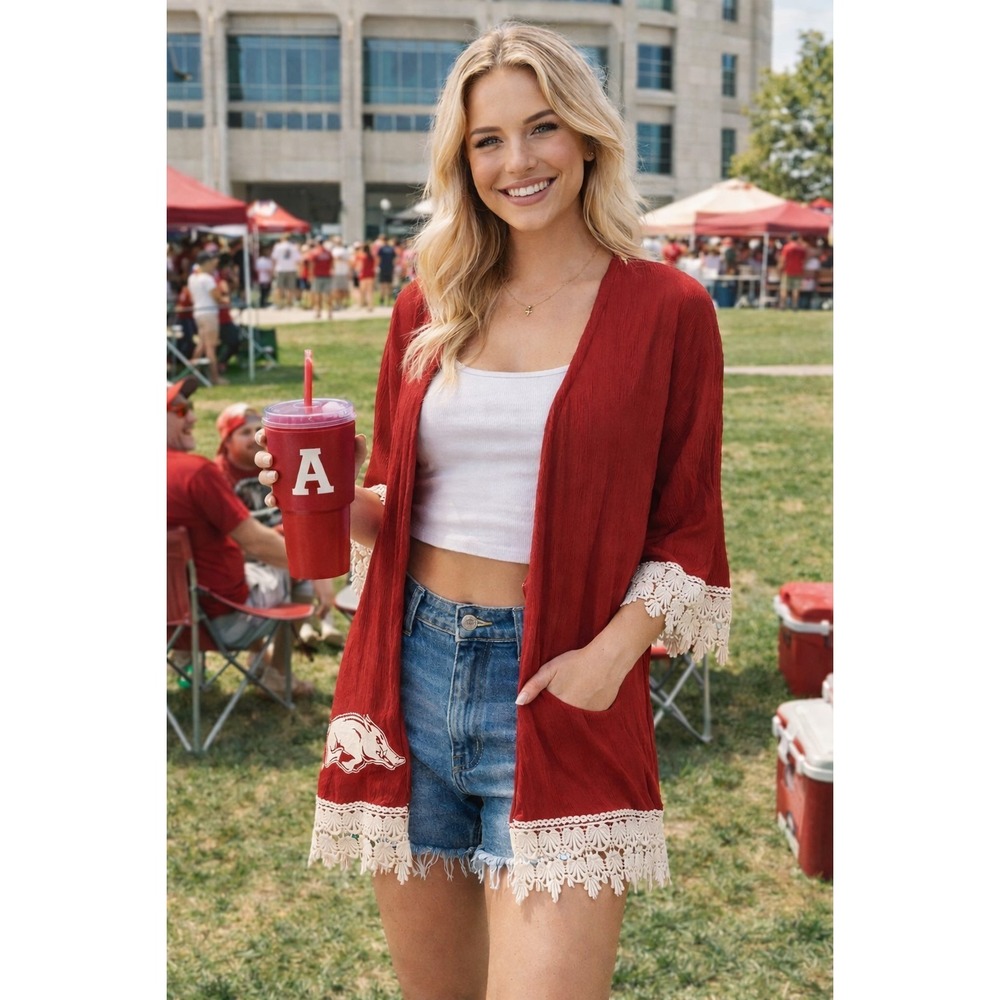 Arkansas Razorbacks Kimono Cardigan M Red Lace Trim Boho Open Front Bamboa